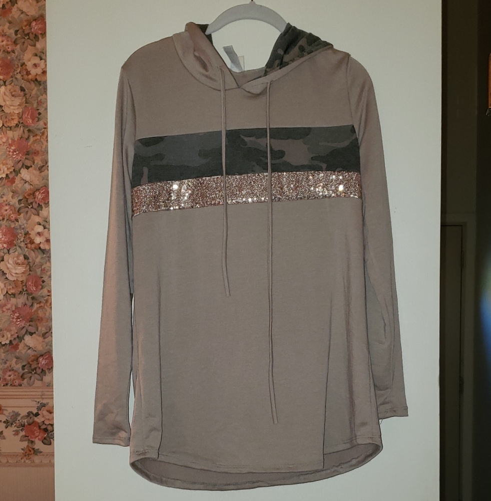 NWOT Long Sleeve Hoodie with Camo & Sequin Contrast